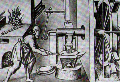 XV-XVIII века. Кузница с водяным двигателем. Гравюра XVI века